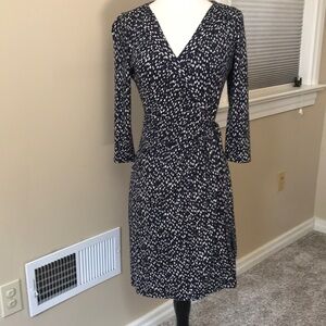 Ann Taylor Navy Blue Beige Fleck V-neck True Wrap 3/4 Sleeve Dress Sz Small